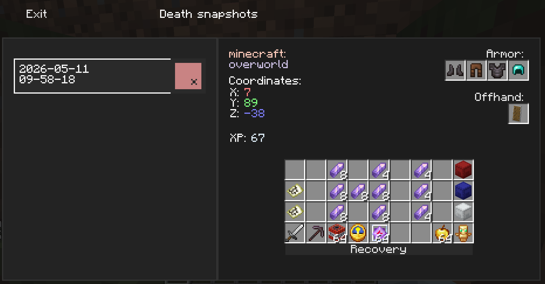 Main screen with death snapshots