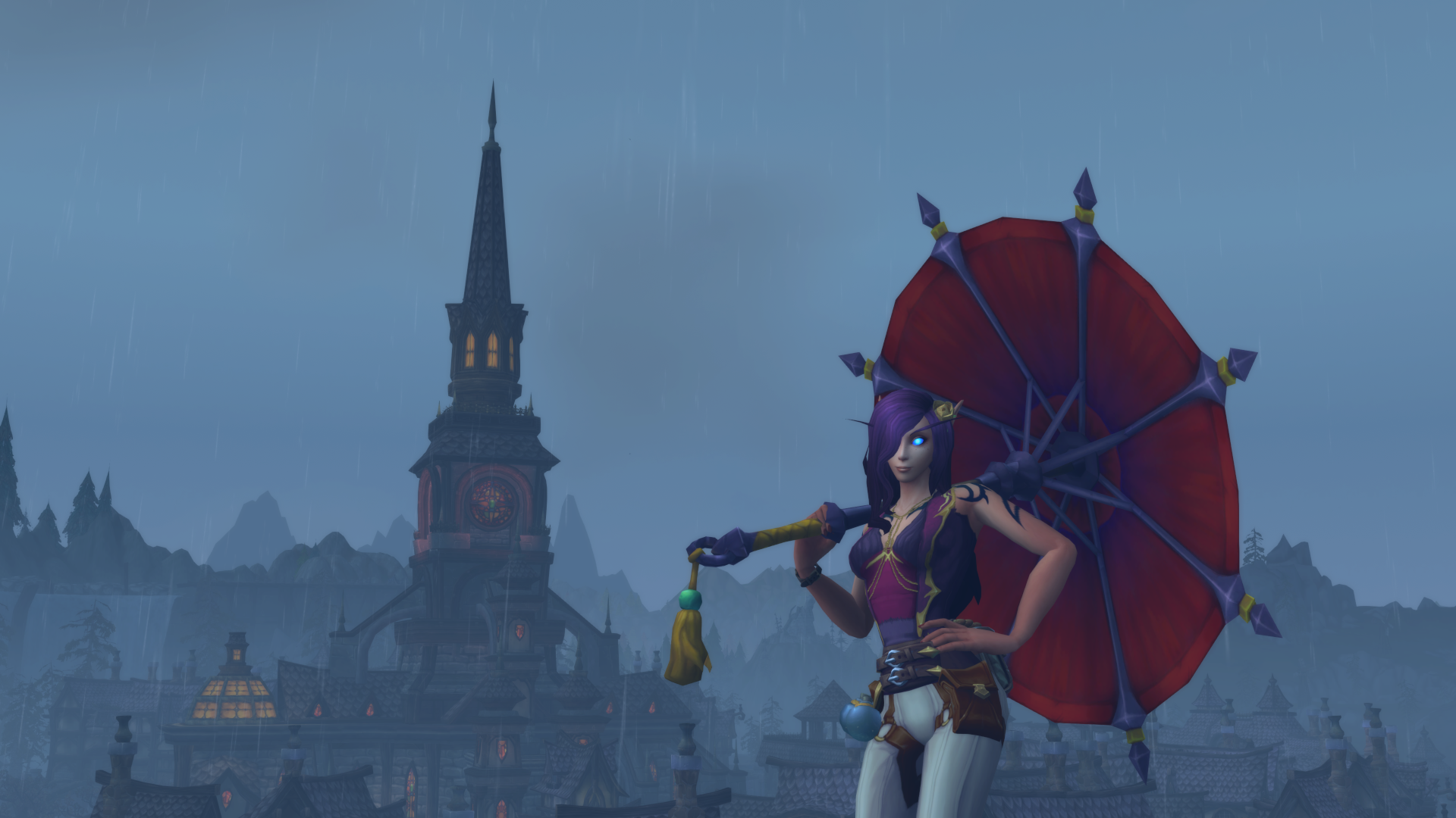 Elf sitting in front of Gilneas city holding a Parasol in the rain with a blue tinted filter over the image