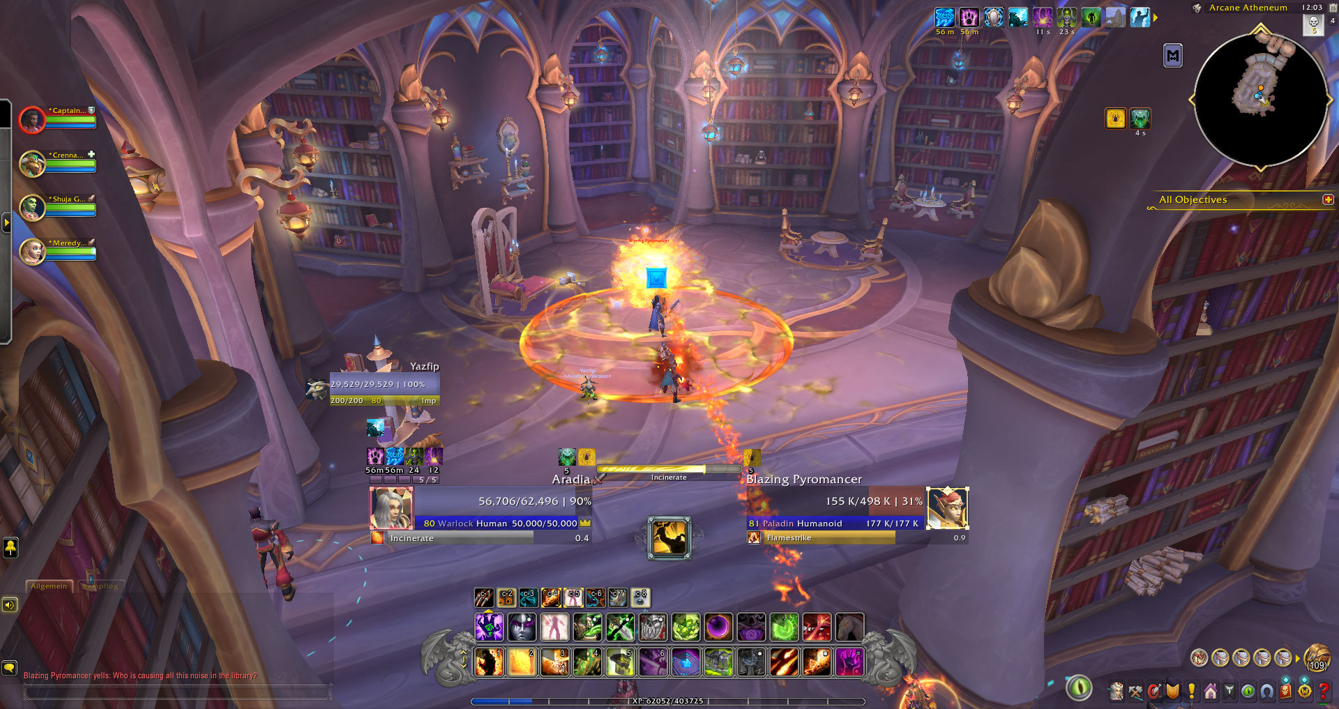 Thumbnail Player and target frames remain clear during active combat, including cast and resource information.