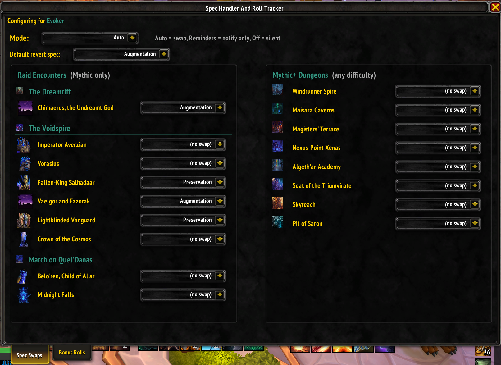 Thumbnail Mode selection for auto swap, notify only or off. Default spec selector. Encounter based spec selections.