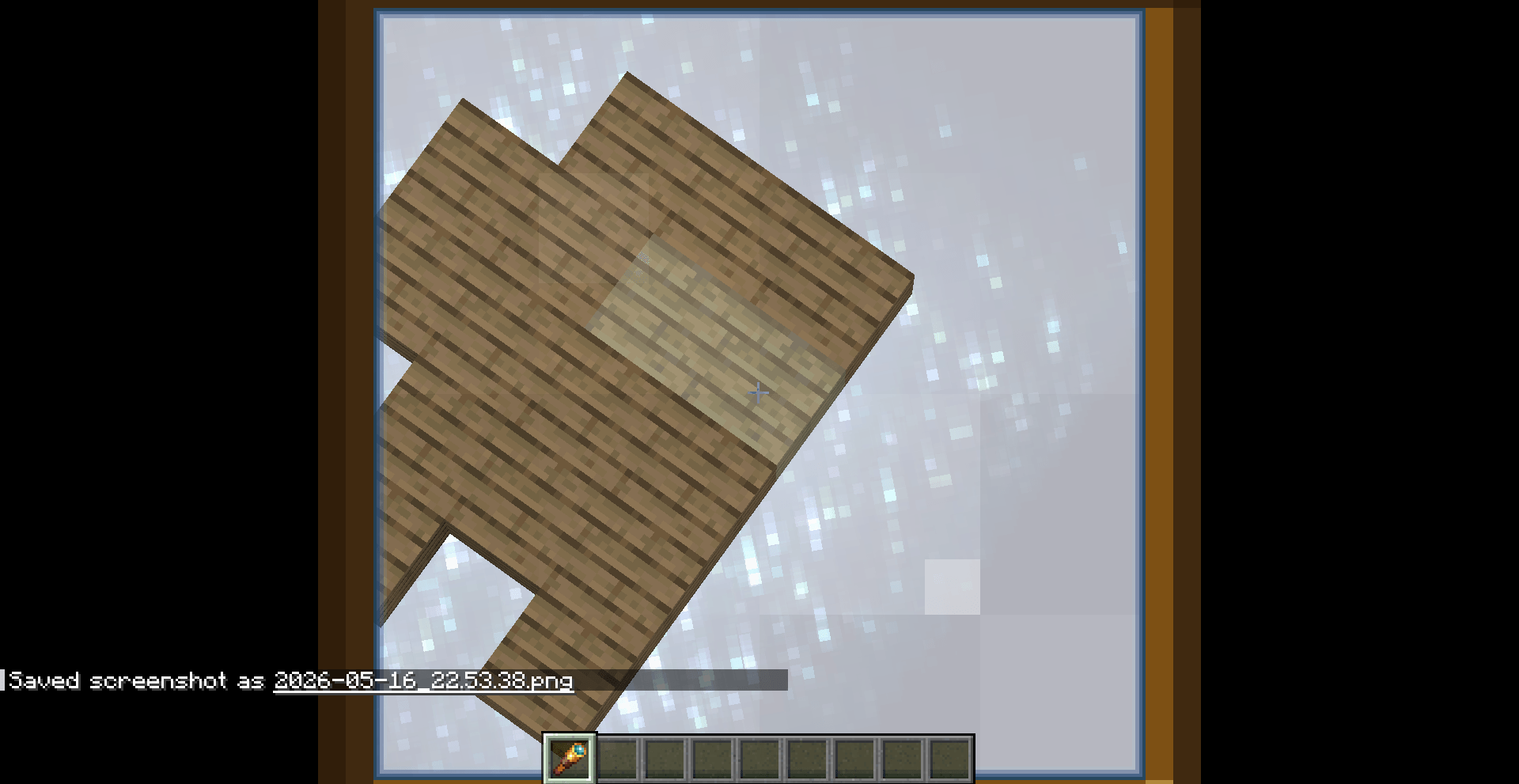 a picture of the previous image except zoomed in on the physics object shaped like an amongus using a spyglass. the Overworld void sea is more clearly visible.