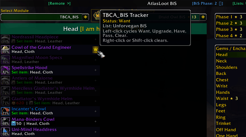 TBCA BIS: Best in Slot Tooltips, EPV GearScore,  AtlasLoot+,Talents, Remote Gear Share/Inspect, Simple Gear rack