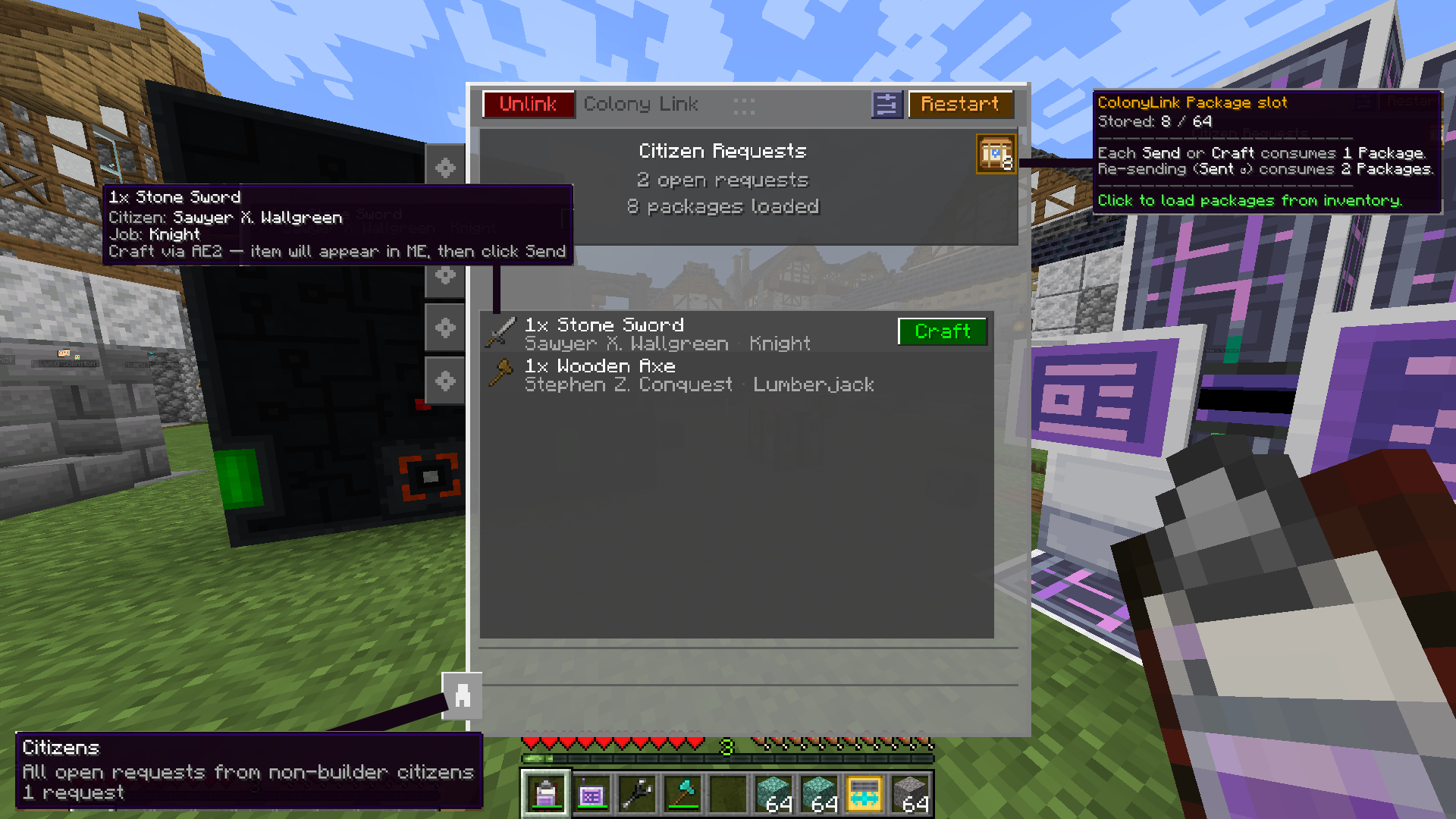 Thumbnail Manage your colony citizen's open requests from the ColonyLink Clipboard. View pending needs for every non-builder citizen, farmers, guards, miners, cooks and more and fulfill them in one click, sending items from your ME network to the colony warehouse.