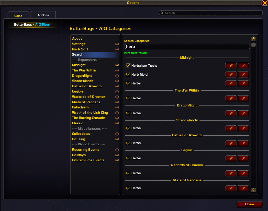 BetterBags Menu
