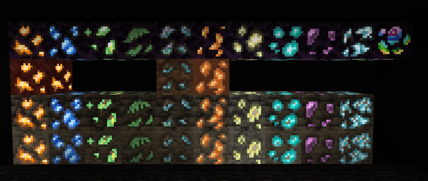 Cobblemon evolution stone ores and Mega Showdown ores glowing in the dark