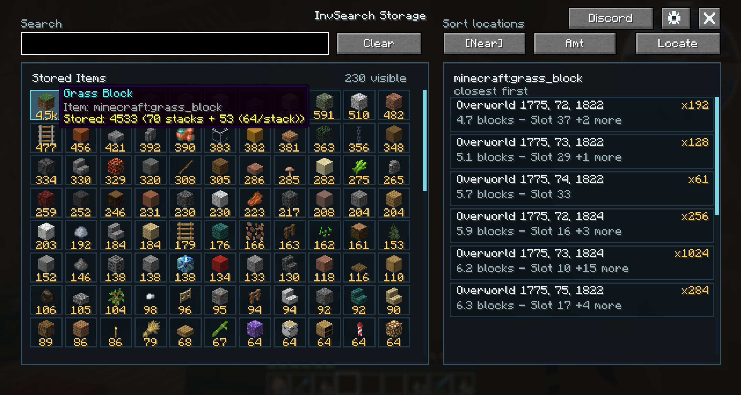 InvSearch in-game storage GUI with stored items and item locations