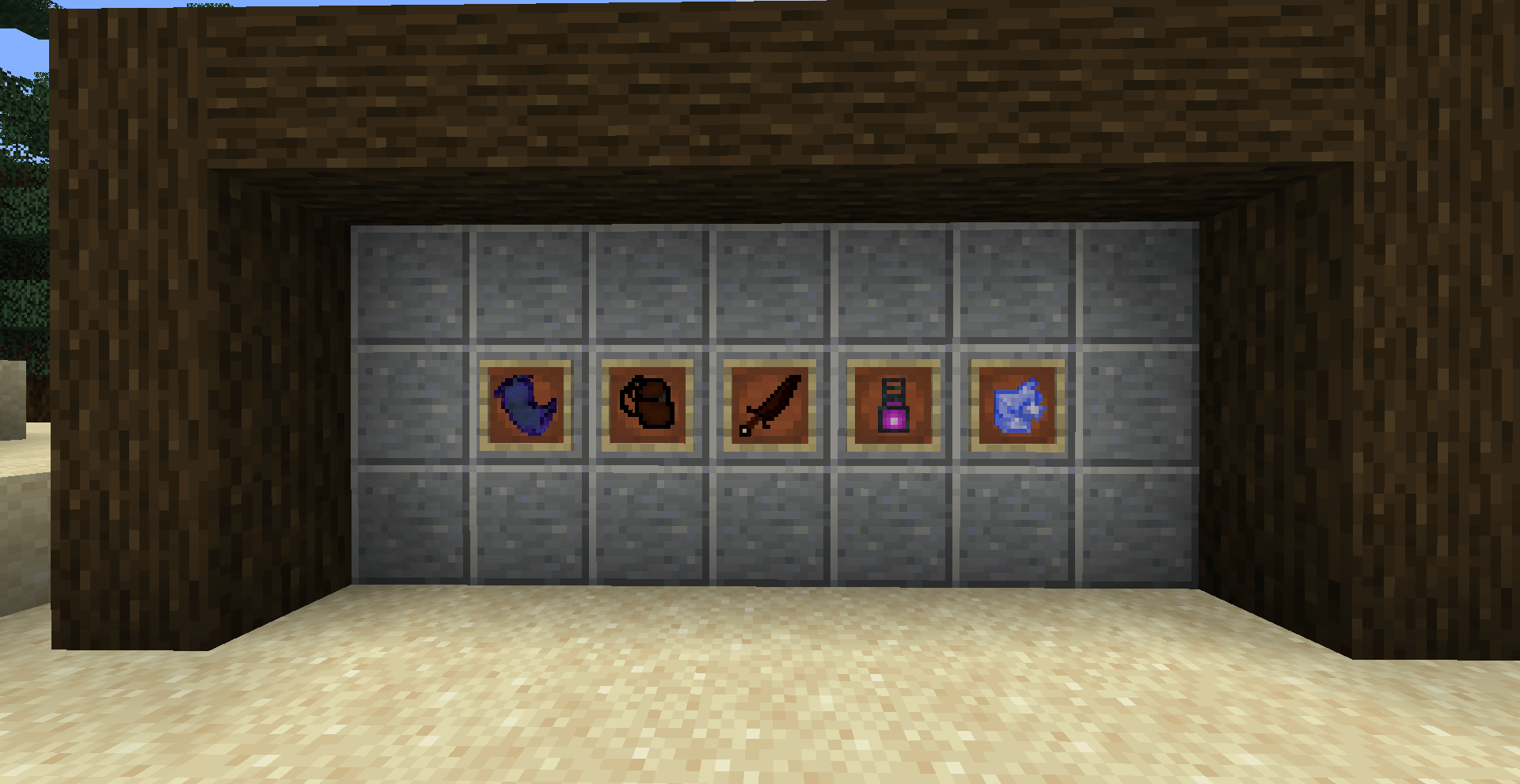 Vigilant Ender Scroll, Backpack, Sanguine Cleaver, Interdiction Lantern, and Life Shard (left to right).