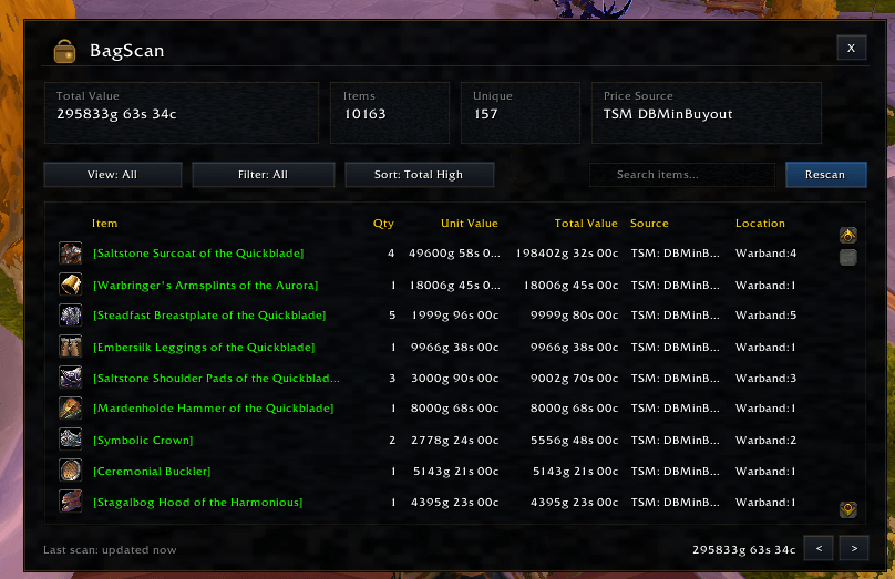 Main Panel view to summarize inventory and its value across toons and banks