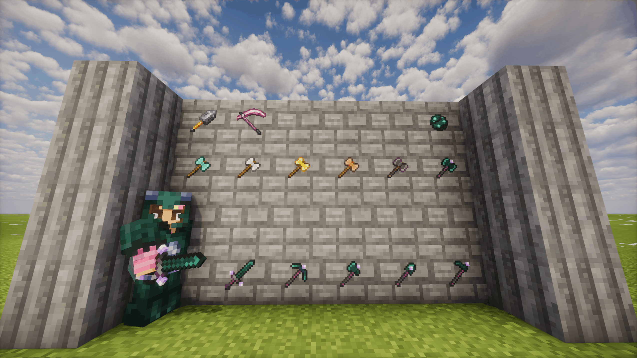 Enderite gear, BattleAxes, Momentum Mace, Scythe, Sselshock