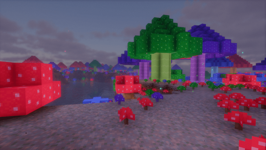 Thumbnail A photo of the colorful, glowing mushroom island that occasionally spawns in this mod's new dimension.