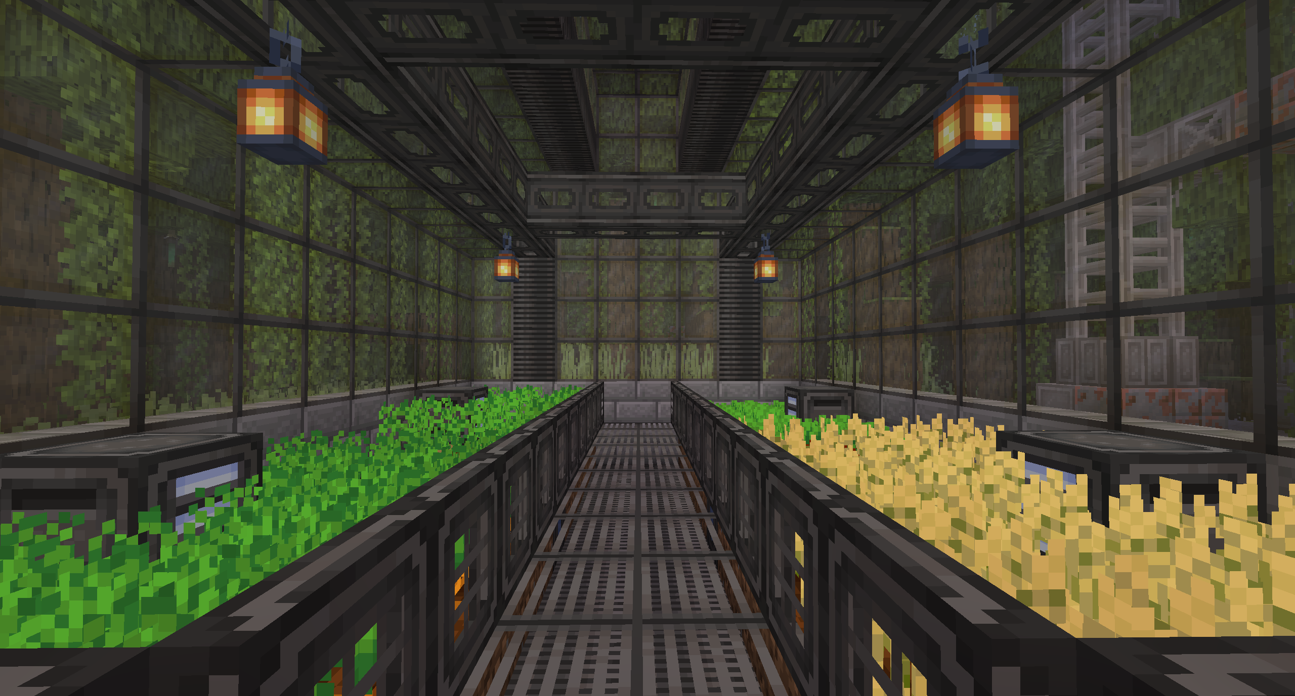 Thumbnail While not the largest, this greenhouse uses Humidifiers to speed up crop growth and keep soil moisturized. The structure itself is made from Omenon blocks.