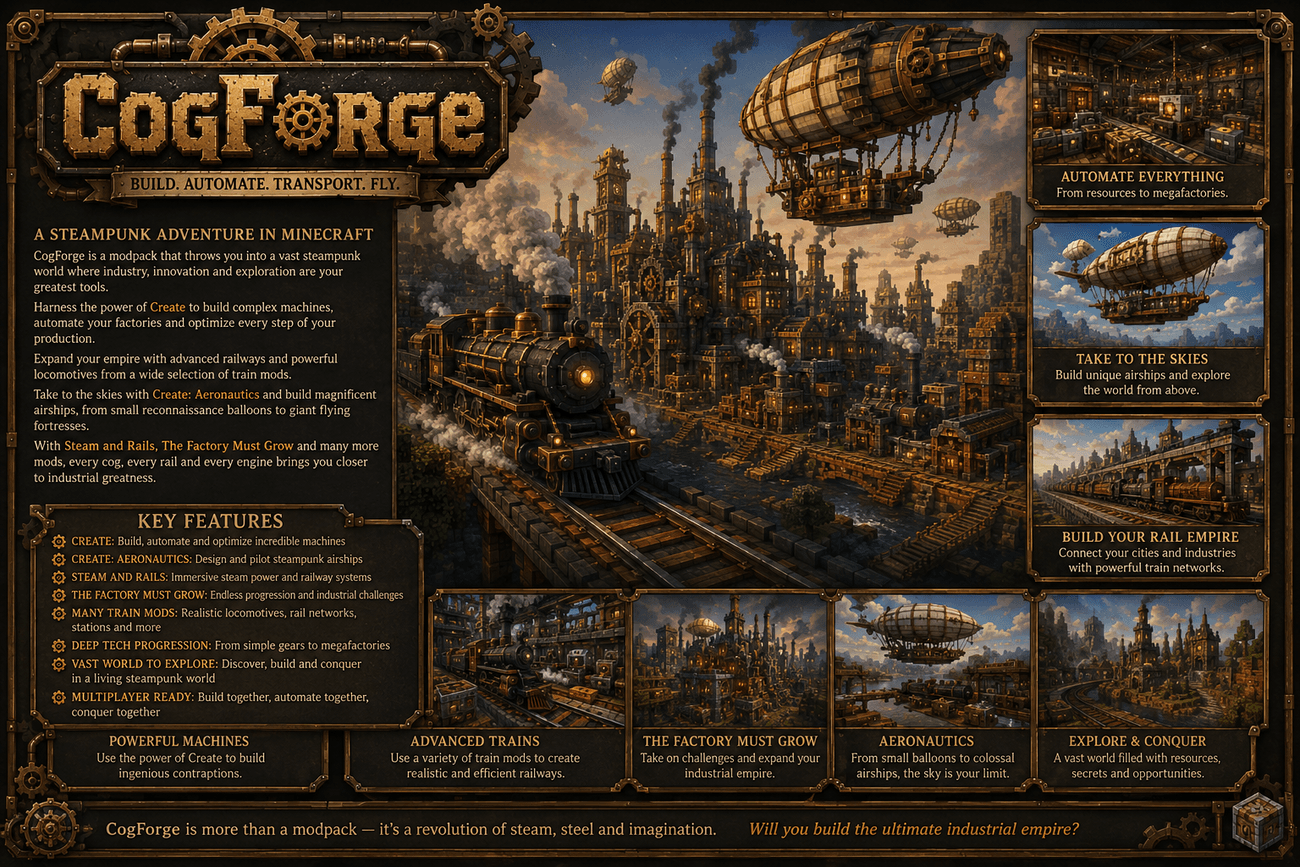 Build massive industrial factories, master automated rail networks, and conquer the skies with Aeronautics in this immersive steampunk-inspired Minecraft modpack.