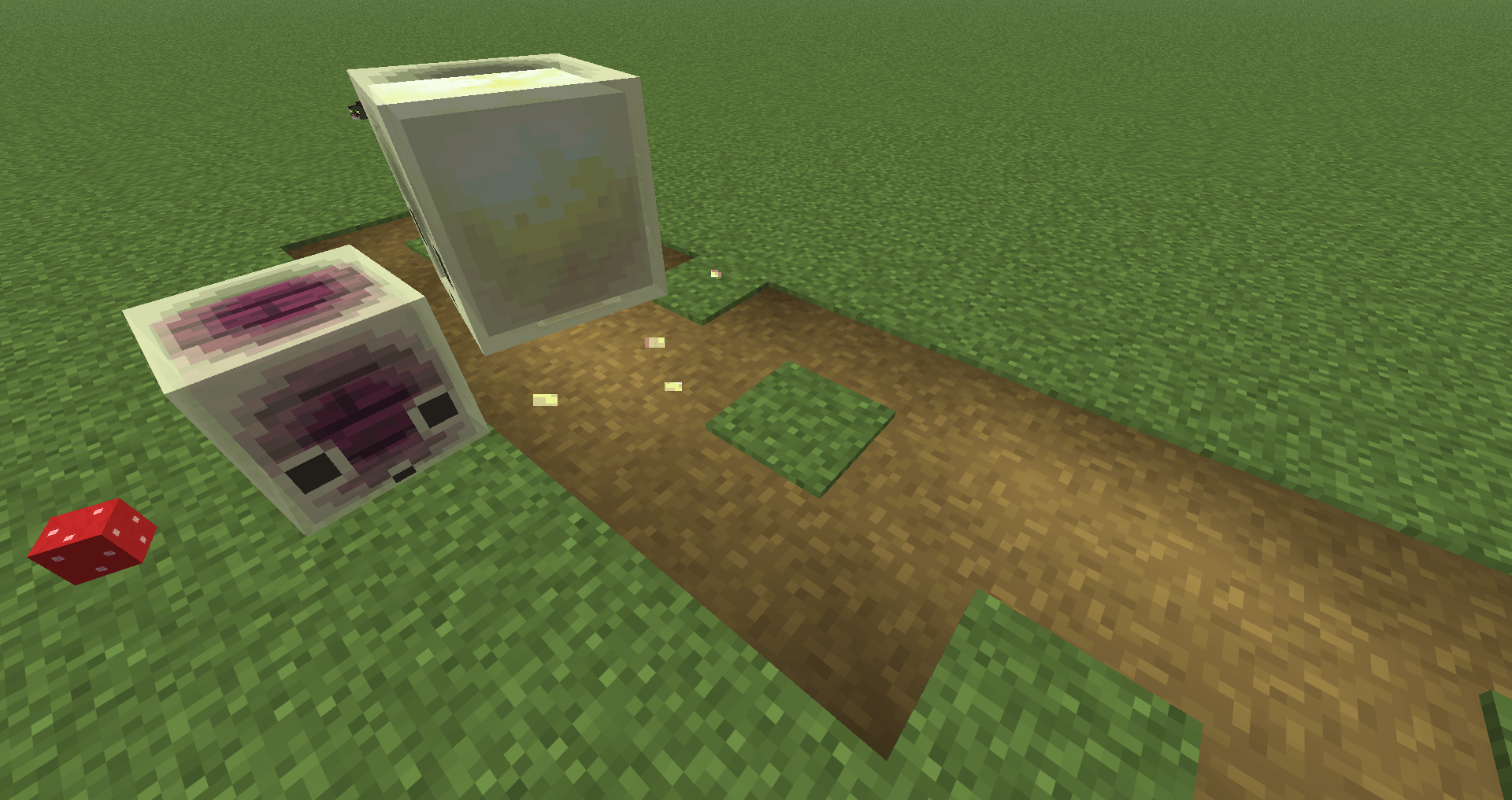 A Sulfur Cube wants to absorb a Red Mushroom Block and A Sulfur Cube That has absorb a Crismon Planks