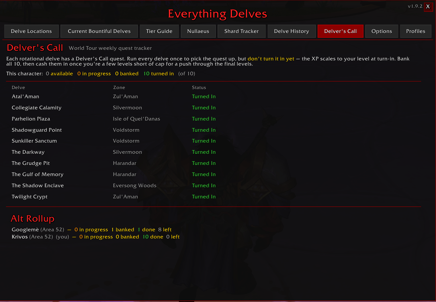 Thumbnail When you are leveling up, use this tab to maximize XP gains. Do not turn in Delver's call until the Addon tells you to