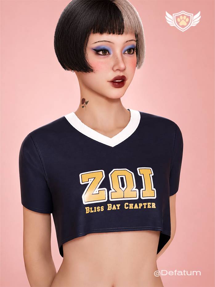 The Midnight Legacy crop top from the College Core Collection 25’. Navy V-neck top with crest-style ZΩI “Bliss Bay Chapter” graphic and pearl-white contrast trim.