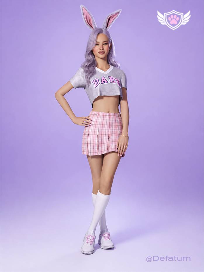 The Campus Sweetheart crop top from the College Core Collection 25’. Full outfit view showing the heather grey V-neck top with pink “BABE” varsity lettering.