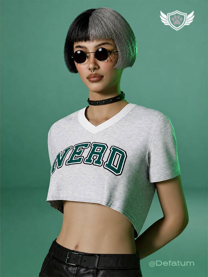The Green Code crop top from the College Core Collection 25’. Ash grey V-neck top with emerald “NERD” varsity lettering and white contrast trim.