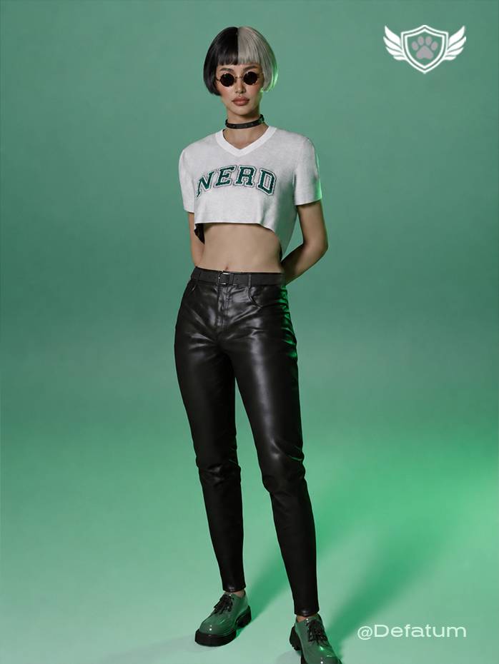 The Green Code crop top from the College Core Collection 25’. Full outfit view showing the ash grey V-neck top with emerald “NERD” varsity lettering.