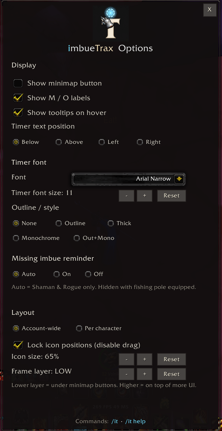 ImbueTrax options window