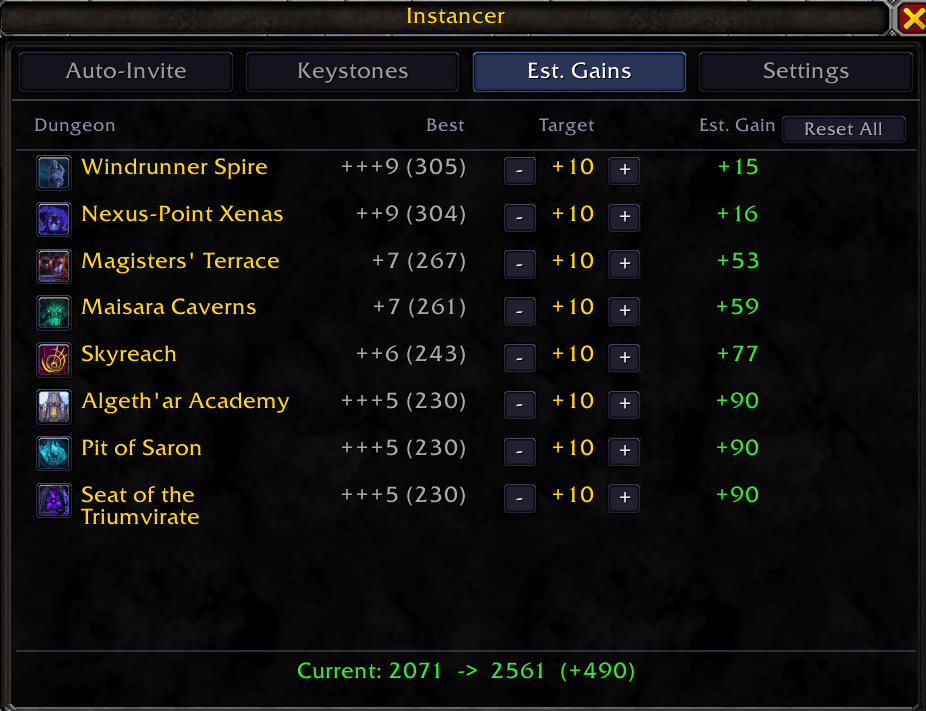 Shows an estimated M+ rating increase for running dungeons on different keystone levels and easy access to dungeon teleports