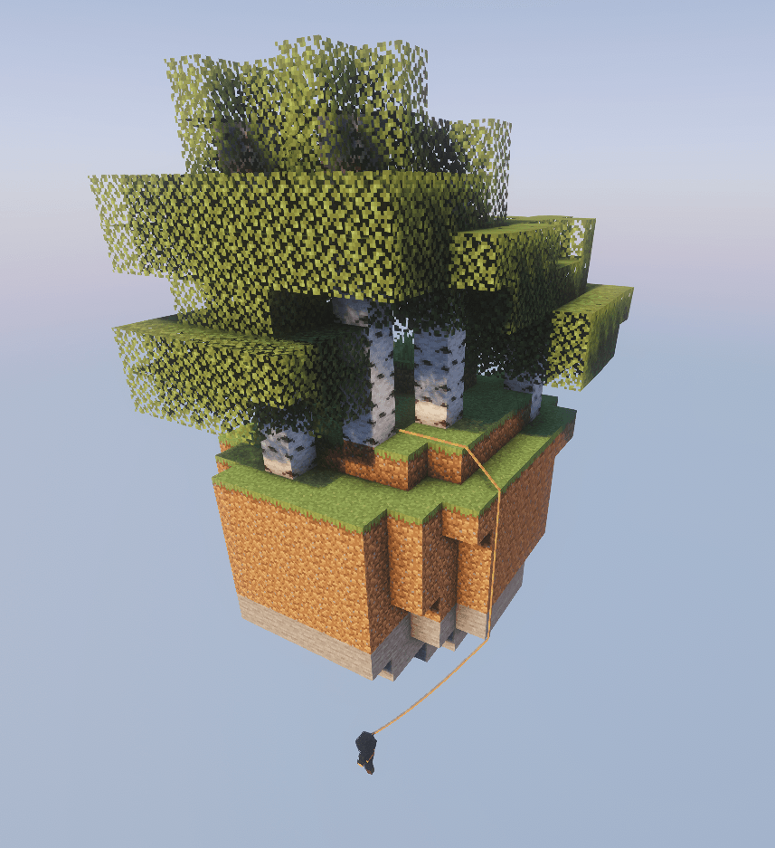 Player hangs from a sky island, the grappling hook rope wraps around the edge of the island.