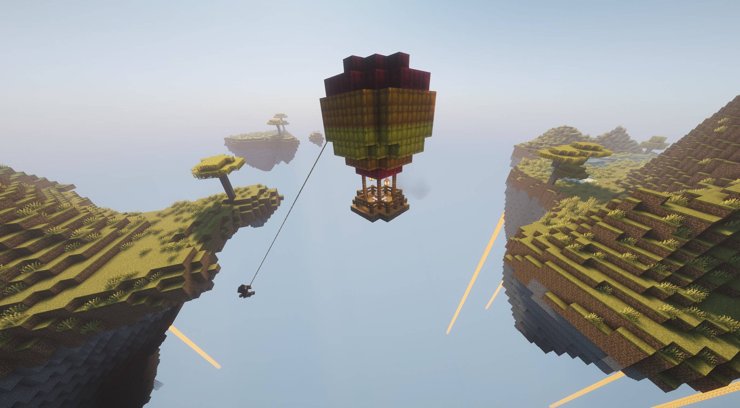 A player swings off of a Create: Aeronautics hot air balloon!