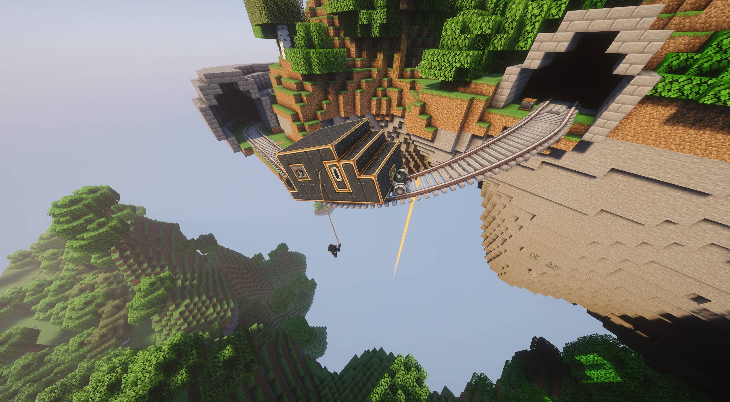 The player rappels off of a Create Train as it rides to the next station.