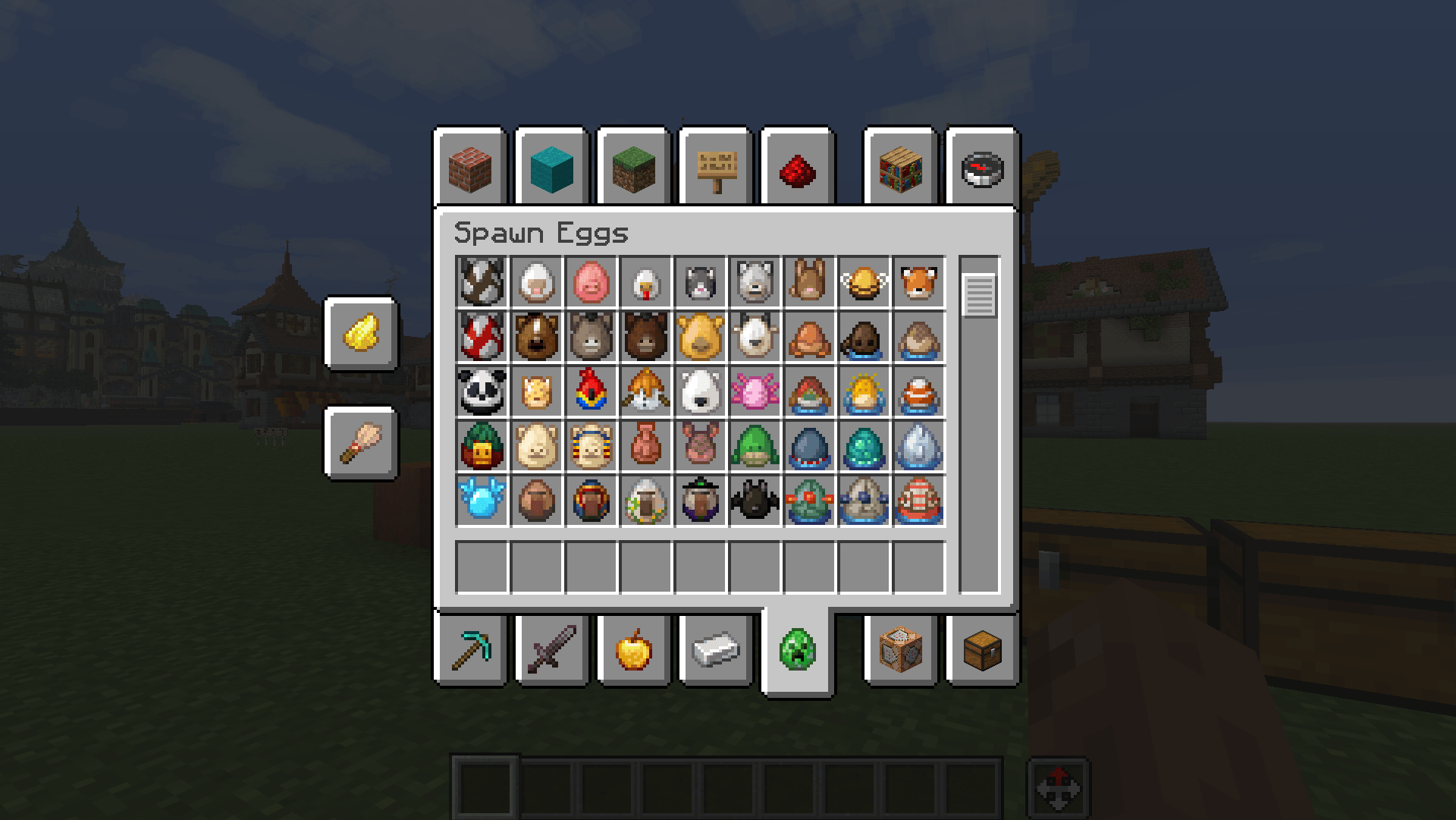 Thumbnail Spawn eggs sorted by theme/origin with neighbouring eggs. Farm animals, Aquatics next to semi aquatics, villagers and illagers counterparts next to each other (see next screenshot)