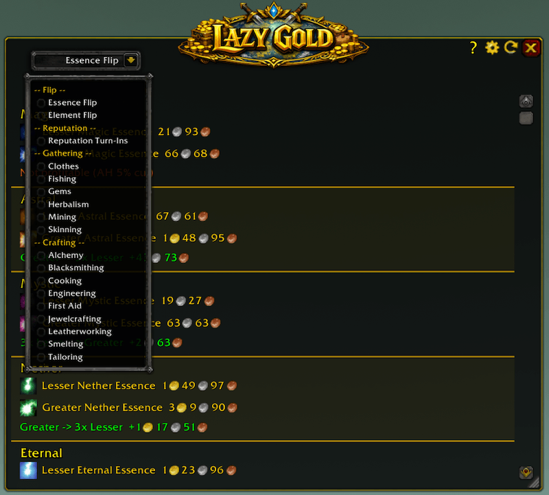 All sections in one dropdown — Flip, Reputation, Gathering, and Crafting professions organized by category.