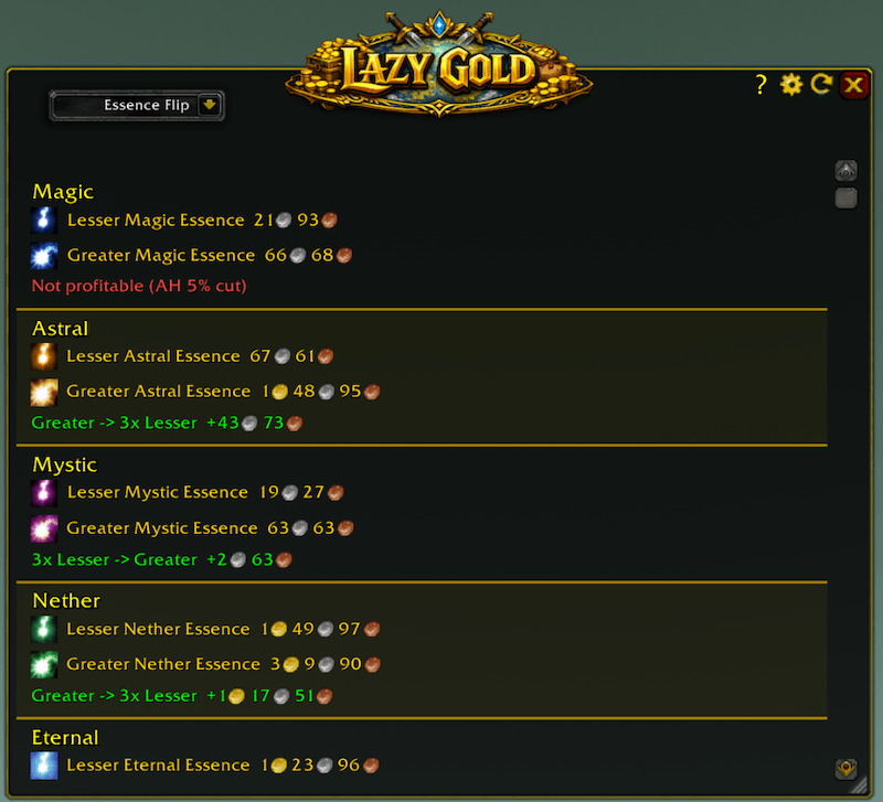 Compare Lesser and Greater Essence prices instantly. Green result shows profitable conversions after the 5% AH cut.