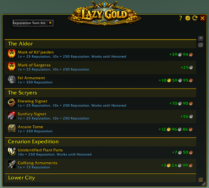 Browse reputation items by faction with AH prices and rep hints. Find the most cost-effective way to grind any faction.
