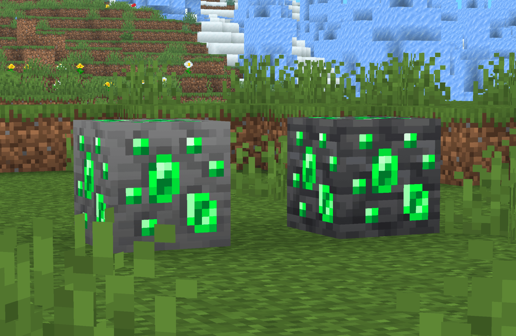 Thumbnail The appearance of emerald and deepslate emerald ore.