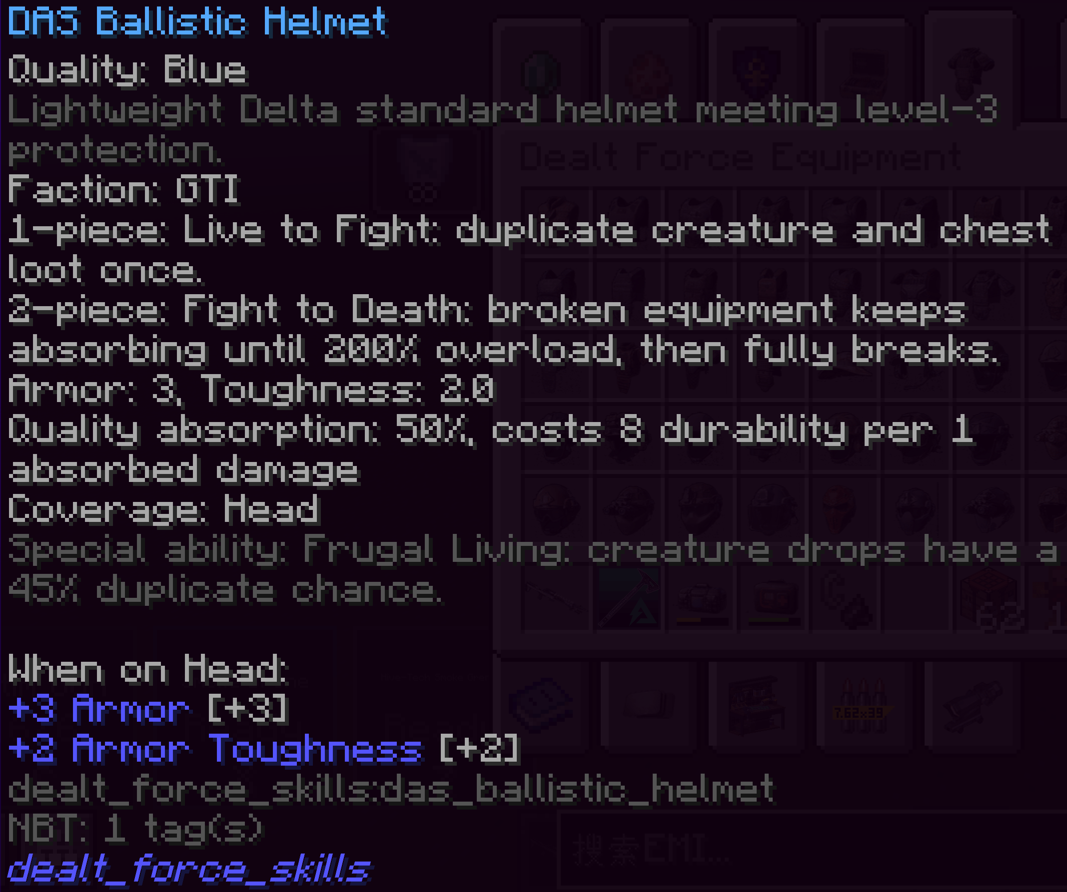 Equipment has its quality, effects, faction effects, and special