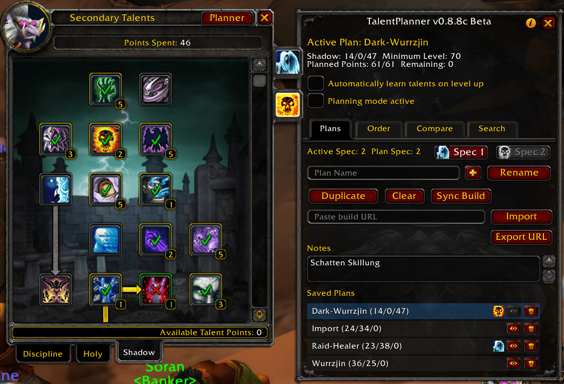 Plans can be assigned to Spec 1 or Spec 2, making it easy to manage multiple builds for dual spec.