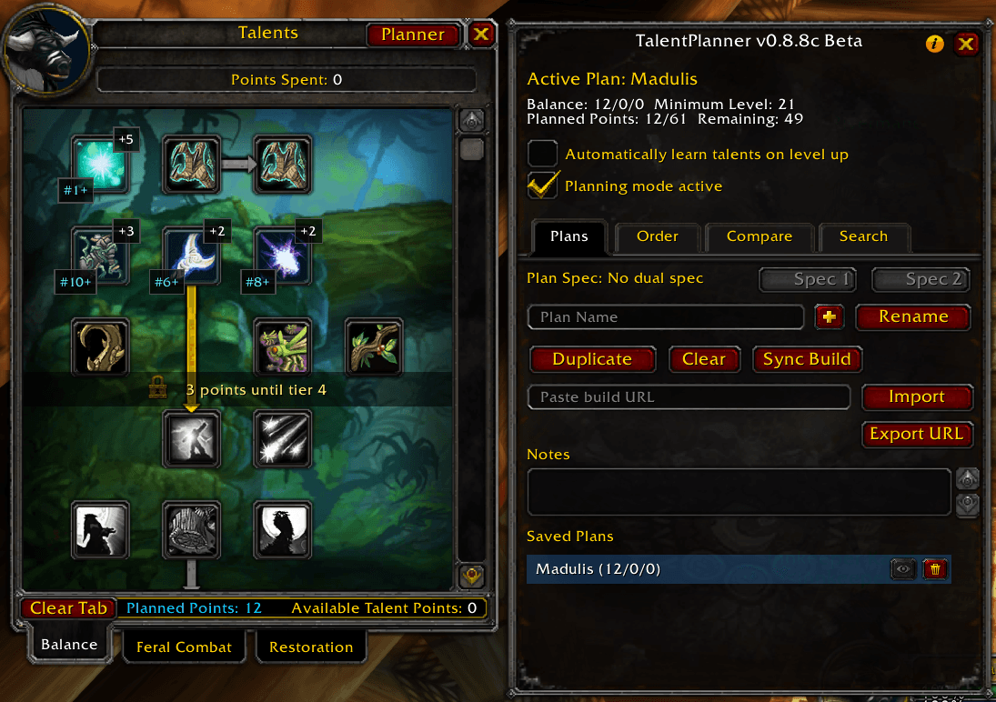 In planning mode, the addon shows how many more points are needed to unlock the next talent tier.