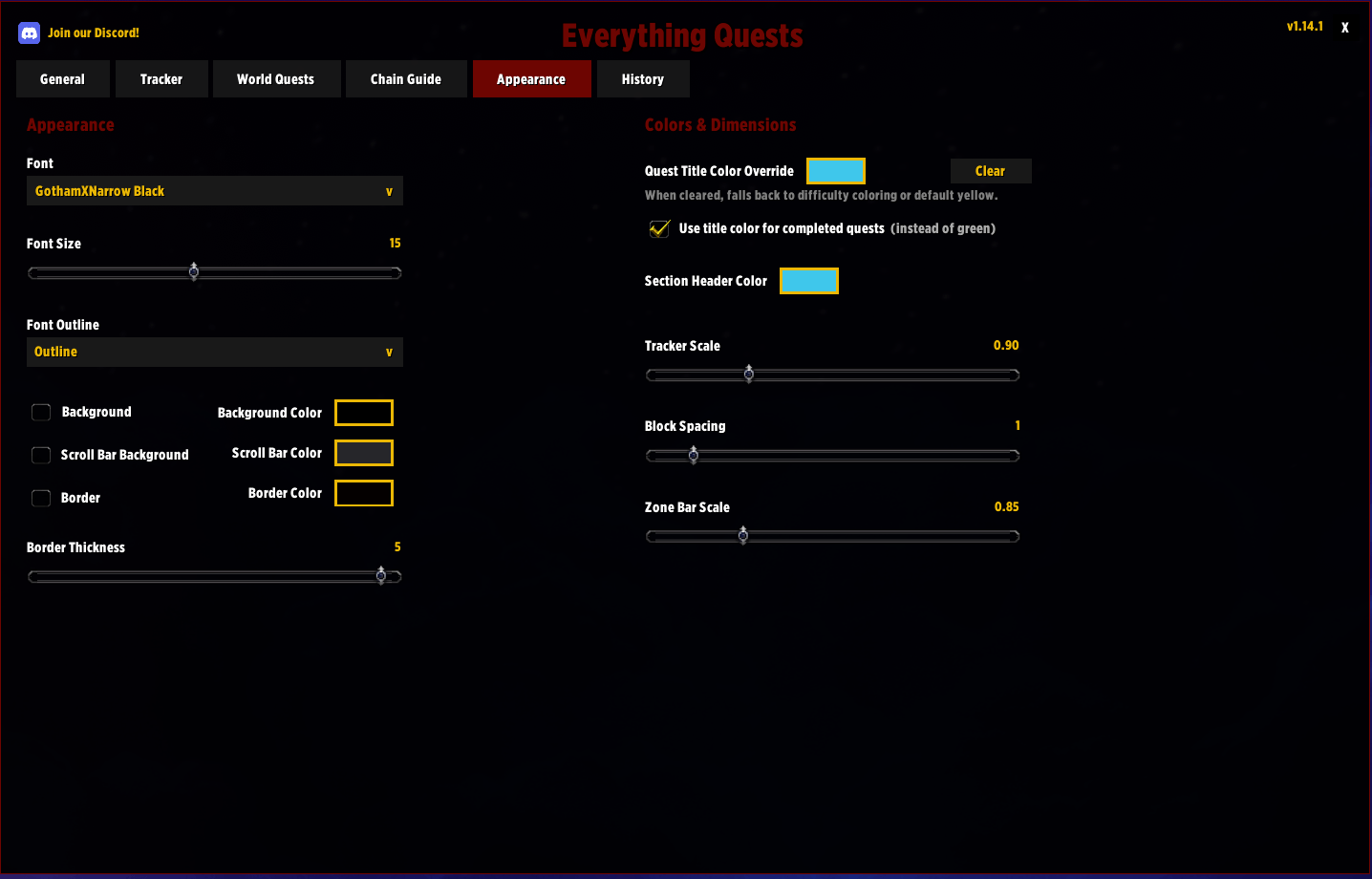 Thumbnail Change font for the tracker, add borders/scroll bars, remove borders/scroll bars, change Tracker title color, change section colors, and change the size of the tracker altogether