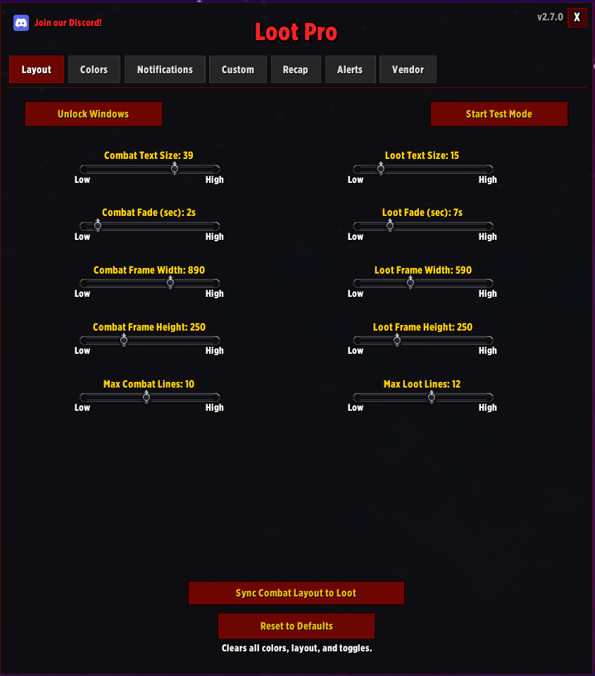 Combat and Loot windows setup here
