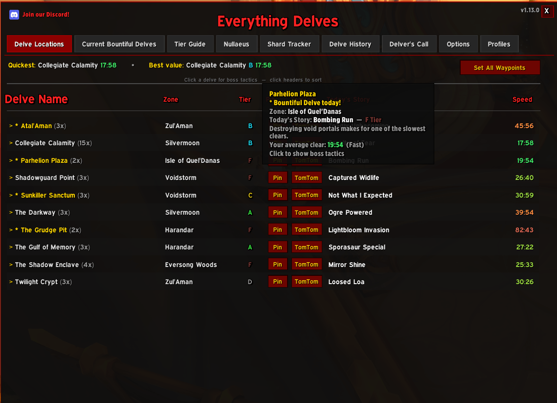 Thumbnail In the middle of the screen is an example of the Tooltip that pops up if you hover a Delve with your mouse