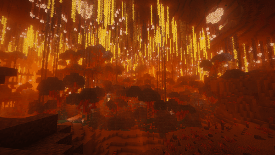 This is an image of a biome in the nether with the Complimentary Shaders.