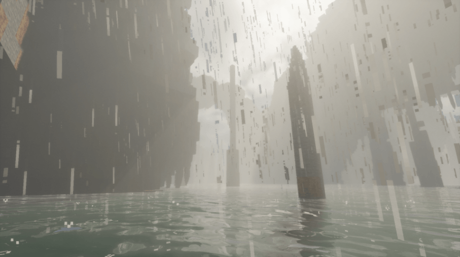 This Image shows a screenshot of a rainy rocky terrain with the Bliss Shaders on.