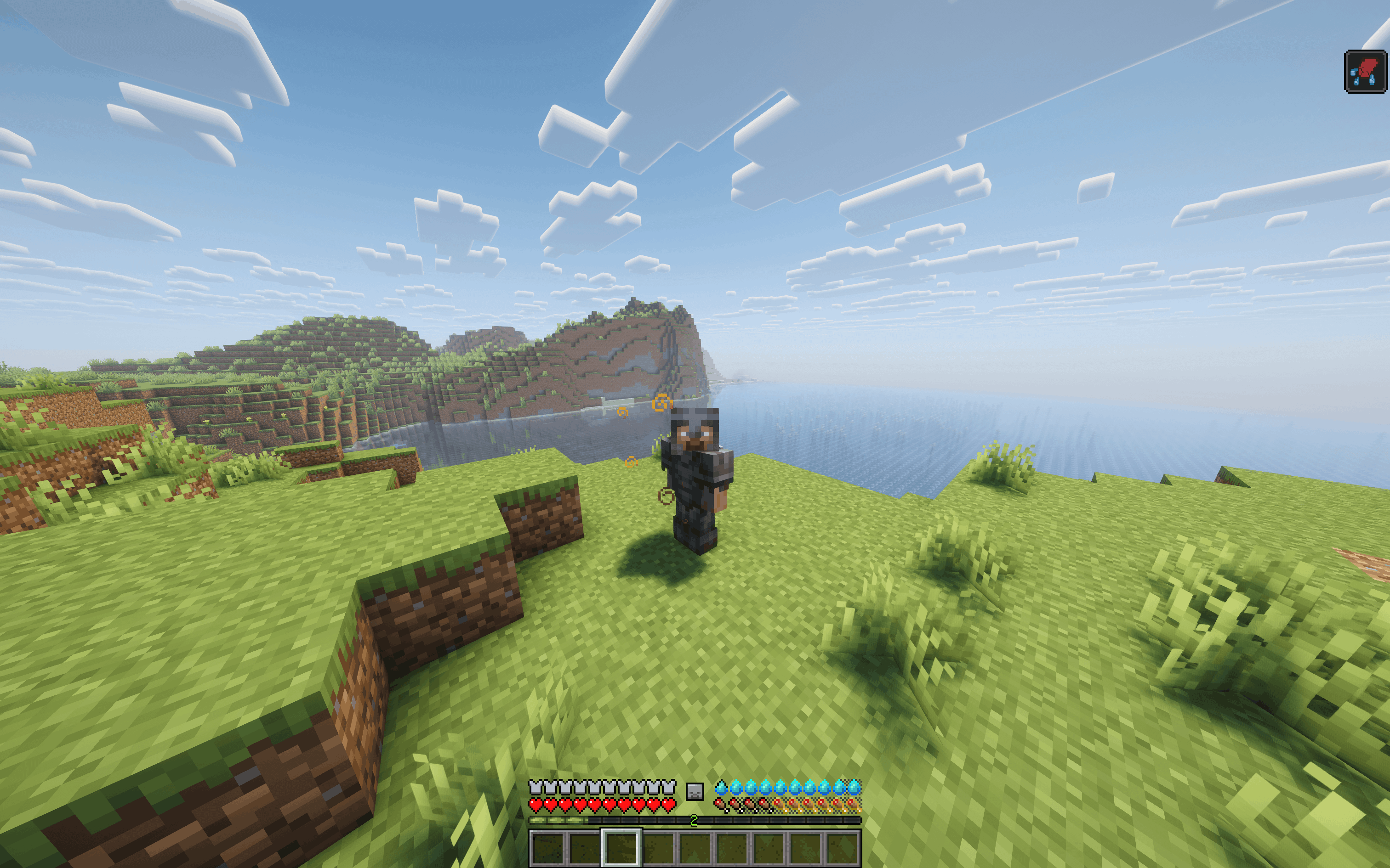 A screenshot showing the player in-world under the Thirsty status effect with brown particle swirls surrounding them and the thirst bar visibly draining faster.