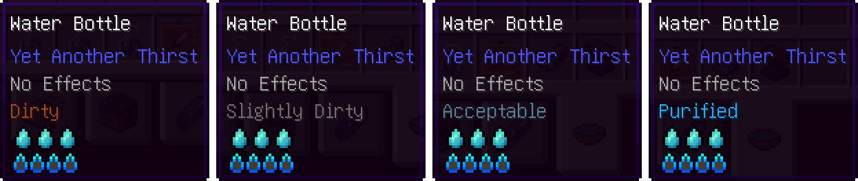 A screenshot showing 4 item tooltips side by side for each purity tier — Dirty, Slightly Dirty, Acceptable, and Purified — each displaying its purity label and colored indicator in the tooltip UI.