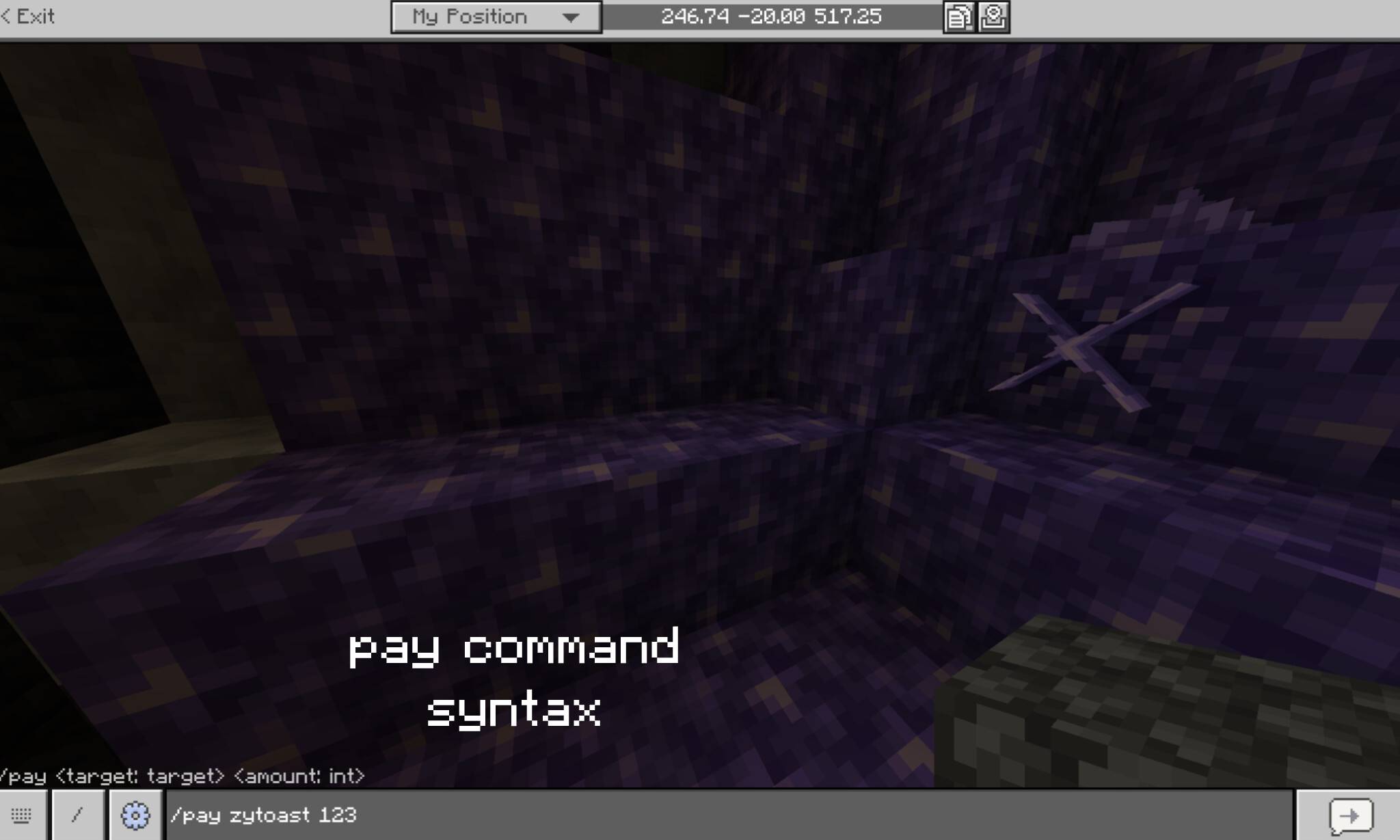 Thumbnail the syntax of the pay command /pay (person you're paying) (amount of money)