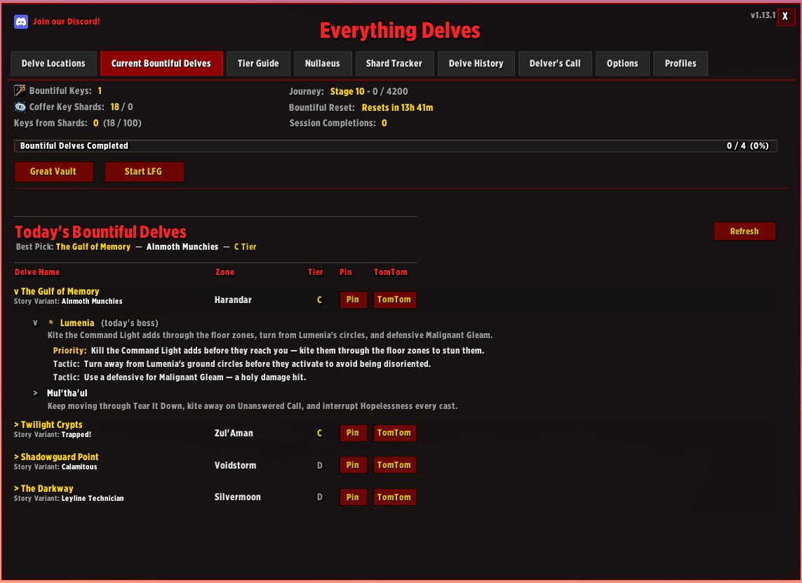 Thumbnail See Today's Current Bountiful Delves, see boss tactics, see how many daily delves you ran, and some misc info