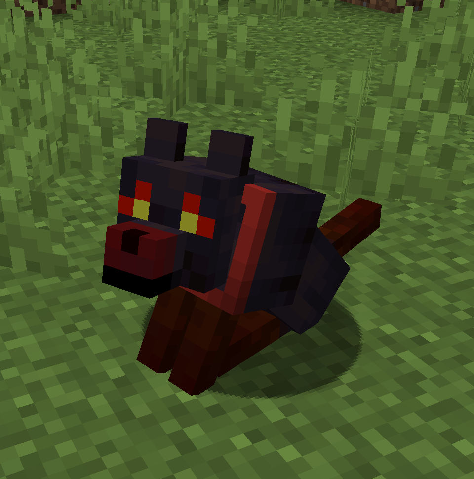 A tamed hellhound in the overworld