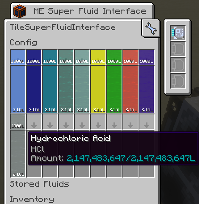 ME Super Fluid Interface with Max Capacity Upgrade Card. Each fluid slot supports up to 64,000mb without upgrades.