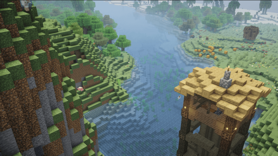 This Photo shows a watchtower next to a river with the complimentary shaders on.