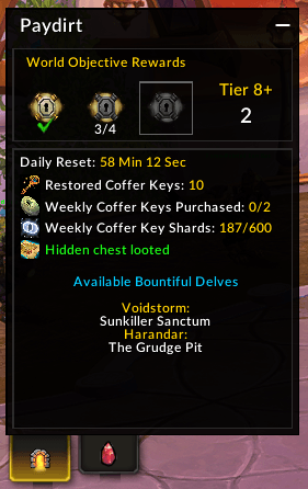 Thumbnail Delves Tab with the Great Vault world objectives progress tracked above