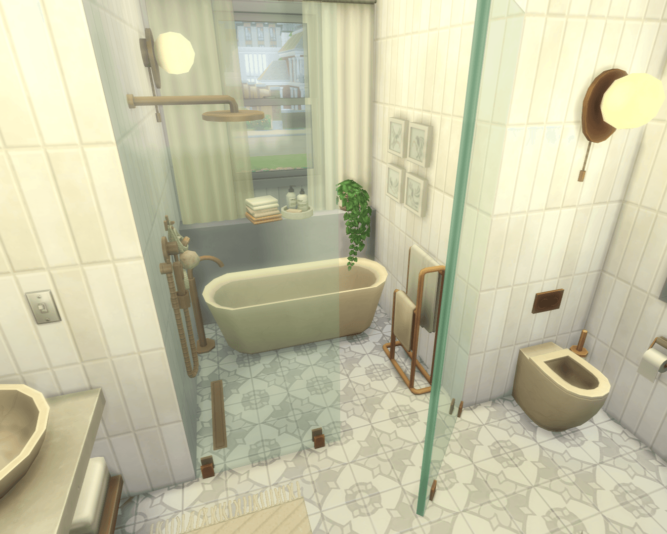 overview of the walk-in wet room with a glass door, showerhead, bathtub, shelving with towels, bath products and a plant under a window with sheer curtains!