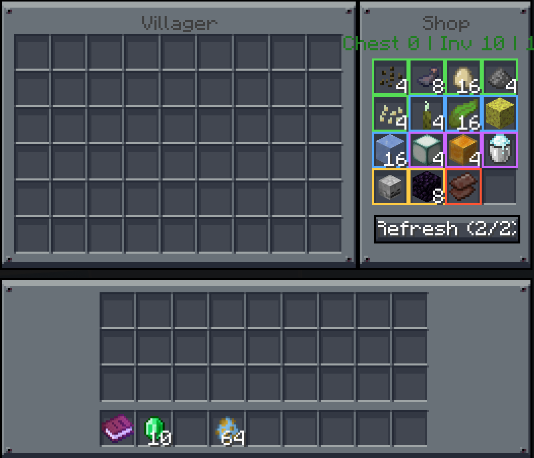 Thumbnail CompanionRM Villager class shop interface, showing items the companion offers for trade — seeds, kelp, sand, clay, nether quartz, magma block, and other gatherable resources refreshable every cycle.